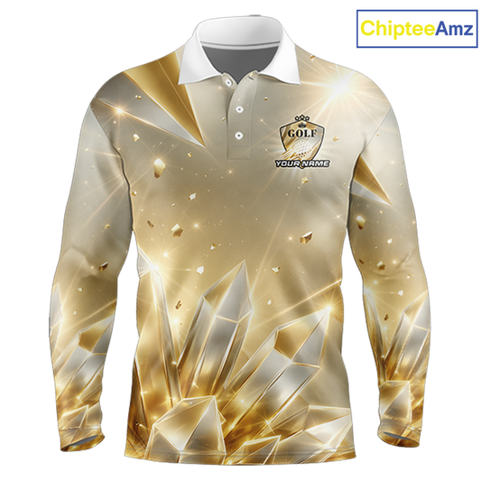 Long Sleeve Golf Polo Shirt Custom Gold Diamond Crystal Golf Ball Custom Name Golf Shirts For Group NHN0220