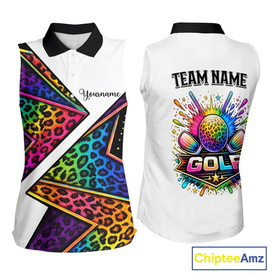 Rainbow Womens Sleeveless Golf Polo Shirt Leopard Print Pattern Custom Team Golf Tops, Golf Gifts NHN0226