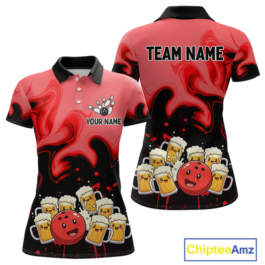 Funny Beer Bowling Shirts Red for Women Men Bowling Polo&1/4 Zip Bowling League MBL252