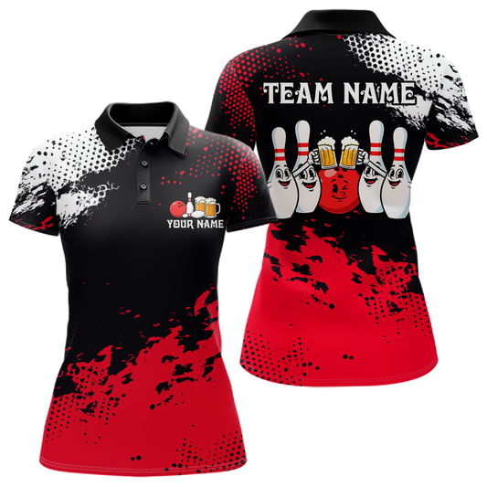 Red Funny Beer Bowling Shirts for Team Women Men Bowling Polo&1/4 Zip Bowl League MBL254