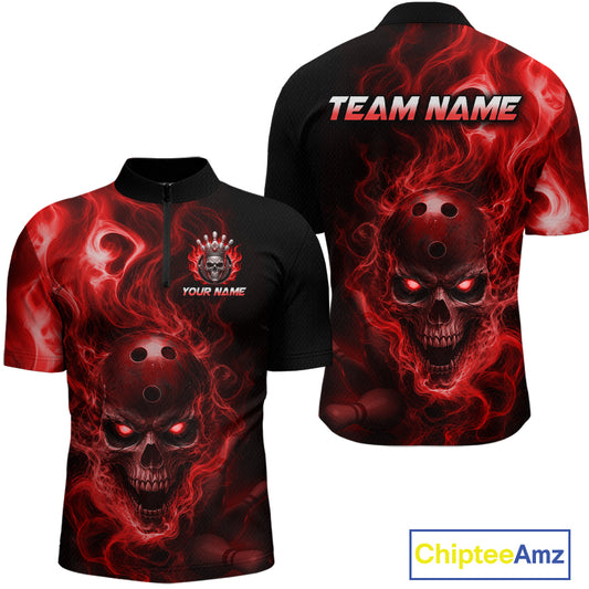 Front and back views of a black bowling quarter zip shirt featuring a flaming skull with glowing red eyes, red smoke effects, and custom “TEAM NAME” and “YOUR NAME” text.