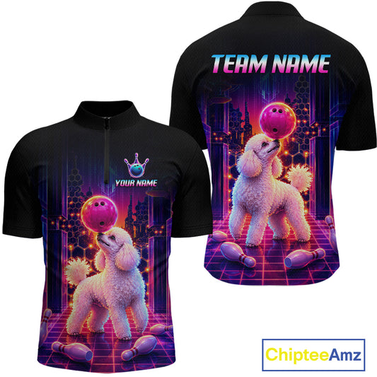 Men’s retro Poodle Dog neon synthwave bowling polo shirt with custom name, back view on white background.