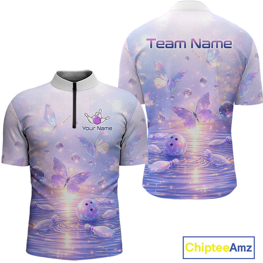 Custom Butterfly Pastel Purple Bowling Shirts For Men, Bowling Team Shirt With Butterflies HNT278