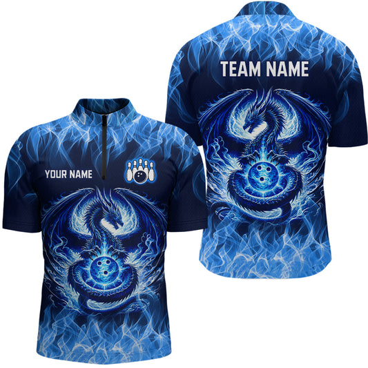 Custom Blue Dragon Flame Bowling Jersey for Men Bowling Team Shirts Bowling Polo & 1/4 Zip HNT189