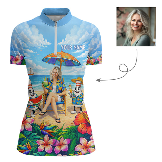 Custom Photo Funny Summer Bowling Jersey for Women Bowling Team Shirts Polo & 1/4 Zip HNT258