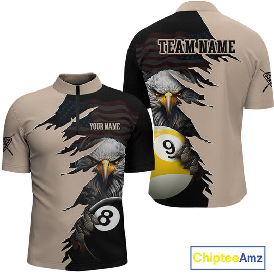 Front and back views of a beige and black billiards quarter zip shirt featuring a fierce bald eagle emerging through a torn-rip graphic, with custom “TEAM NAME” and “YOUR NAME” text areas and 8-ball and 9-ball designs.
