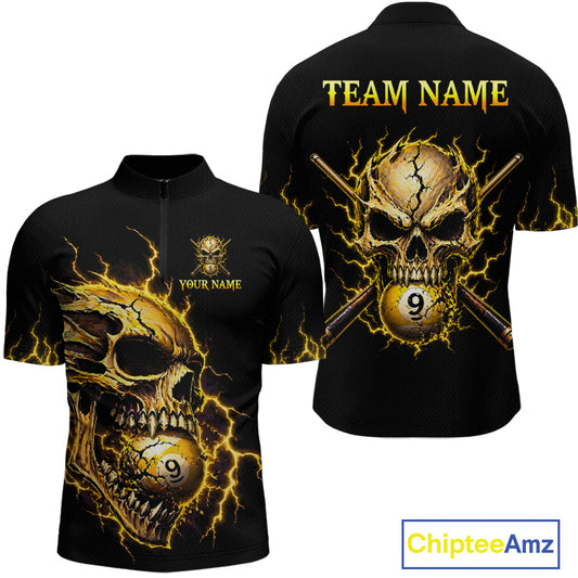 Custom Yellow Flame Skull 9 Ball Cracked Billiard Shirt for Men Billiard Team Jersey NNT195