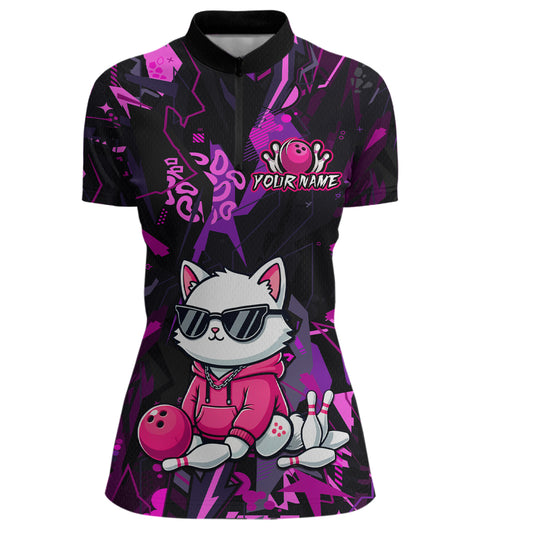 Custom Funny Cat Bowling Bowling Jersey for Women Bowling Team Shirts Polo & 1/4 Zip HNT194