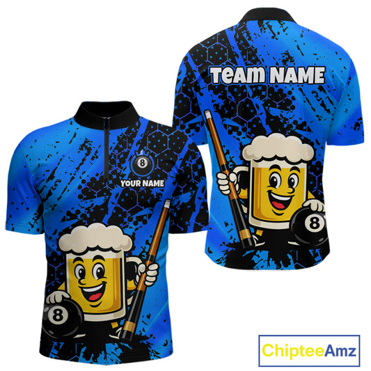 Custom Funny Blue Beer 8 Ball Pool Billiard Shirt for Men Polo & 1/4 Zip, Billiard Team Jerseys NNT147