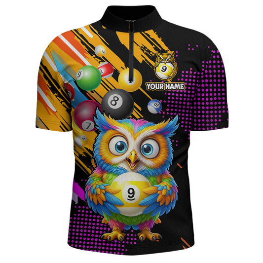 Custom Funny Colorful Owl 9 Ball Pool Billiard Shirt for Men Billiard Team Jersey Polo & 1/4 Zip NNT156