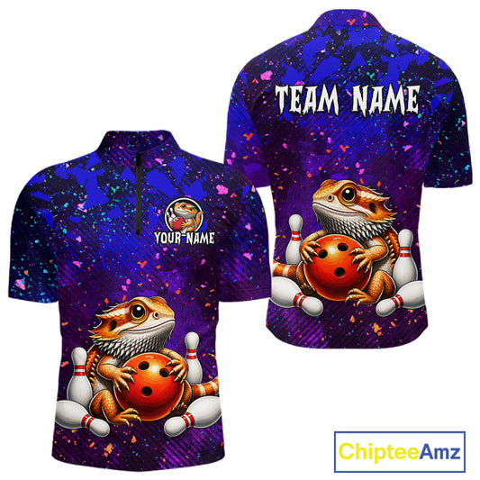 Custom funny bearded dragon bowling jersey for men, personalized team bowling quarter zip shirt front view and back view.