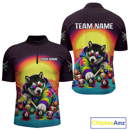 Black cycling jersey with a dog playing pool design, customizable text on sleeves, and visible brand 'Chiptee Amz'.