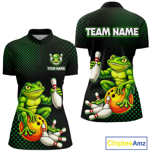 Custom Funny Frog Bowling Jersey for Women Bowling Team Shirts Bowling League Polo & 1/4 Zip HNT246