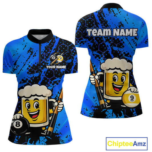 Custom pool team shirt featuring a cartoon beer mug character, 8-ball and 9-ball graphics, and personalized “TEAM NAME” and “YOUR NAME” text areas.