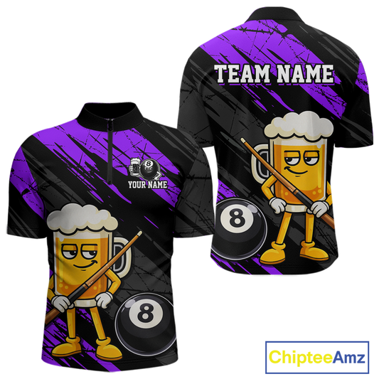 Custom Funny Purple Beer 8 Ball Pool Men Billiard Polo & 1/4 Zip, Billiard Shirt, Billiard Team Jerseys NNT146