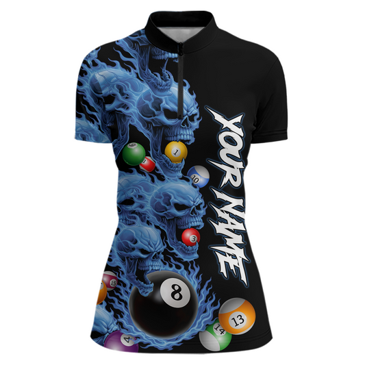 Custom Blue Flame Skull 8 Ball Pool Billiard Shirt for Women Polo & 1/4 Zip, Billiard Team Jerseys NNT160