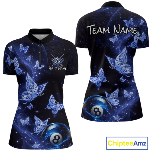 Custom Blue Butterfly Galaxy 8 Ball Billiard Shirt for Women Billiard Team Jersey Billiard League NNT192