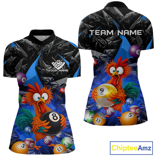 Custom Blue Funny Chicken 8 Ball & 9 Ball Billiard Shirt for Women Billiard Team Jerseys NNT190