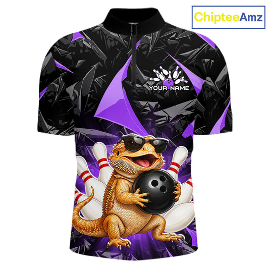 Custom purple bearded dragon bowling jersey for men, personalized team bowling quarter zip shirt front view