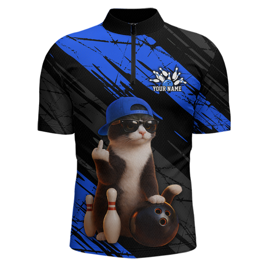 Custom Funny Cat Blue Bowling Jersey for Men Bowling Polo & 1/4 Zip Bowling Team Shirts HNT198