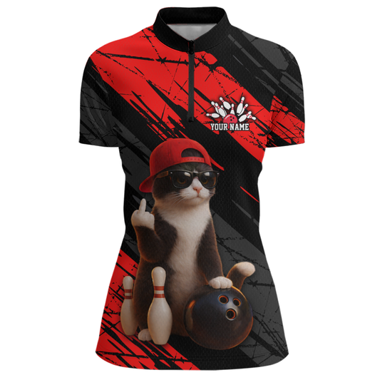 Custom Funny Cat Red Bowling Jersey for Women Bowling Polo & 1/4 Zip Bowling Team Shirts HNT198
