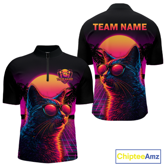 Custom Funny Cat Retro Sunset Bowling Jersey for Men Bowling Uniform Bowling Team Shirts HNT279