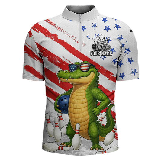 Custom US Flag Funny Alligator Bowling shirts for Men, Crocodile Bowling Team Jerseys HNT206