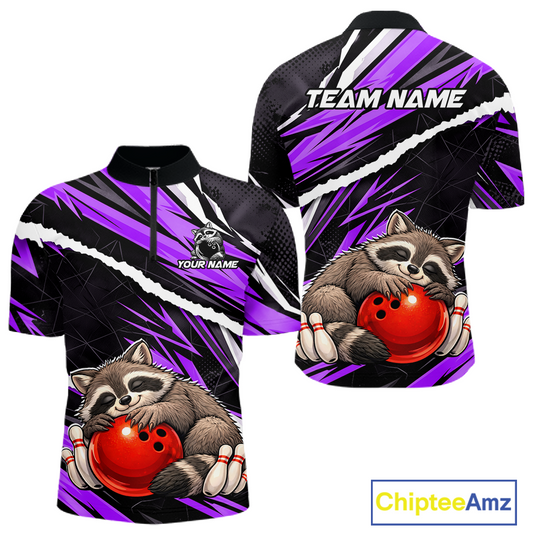 Custom Purple Raccoon Funny Bowling Jersey for Men Bowling Team Shirts Polo & 1/4 Zip HNT247
