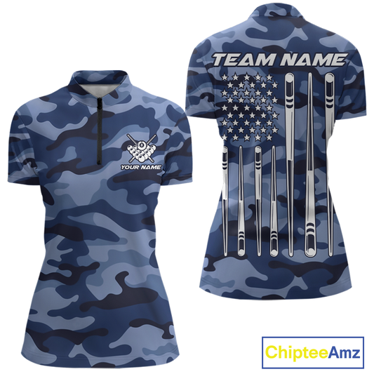 Custom Blue Camo 8 Ball Billiard Shirts for Women Billiard League Billiard Team Shirts NNT106