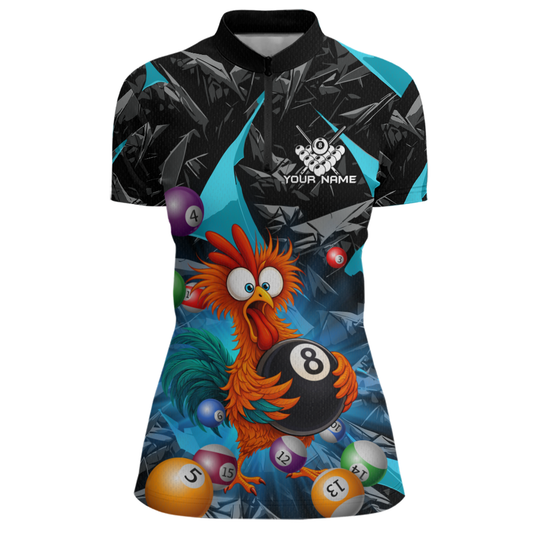 Custom Funny Turquoise Chicken 8 Ball Pool Billiard Shirt for Women Polo & 1/4 Zip, Billiard Team Jerseys NNT148
