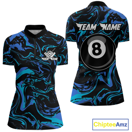 Front and back views of a women’s black billiards quarter zip with turquoise and teal marble patterns, custom team text, and a large 8-ball graphic on the back.