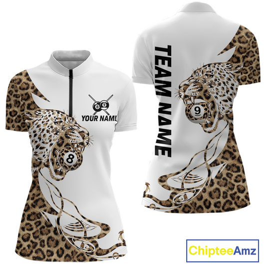 Front and back views of a white billiards quarter zip with leopard-print panels, a roaring leopard graphic, custom team text, and 8-ball and 9-ball details.