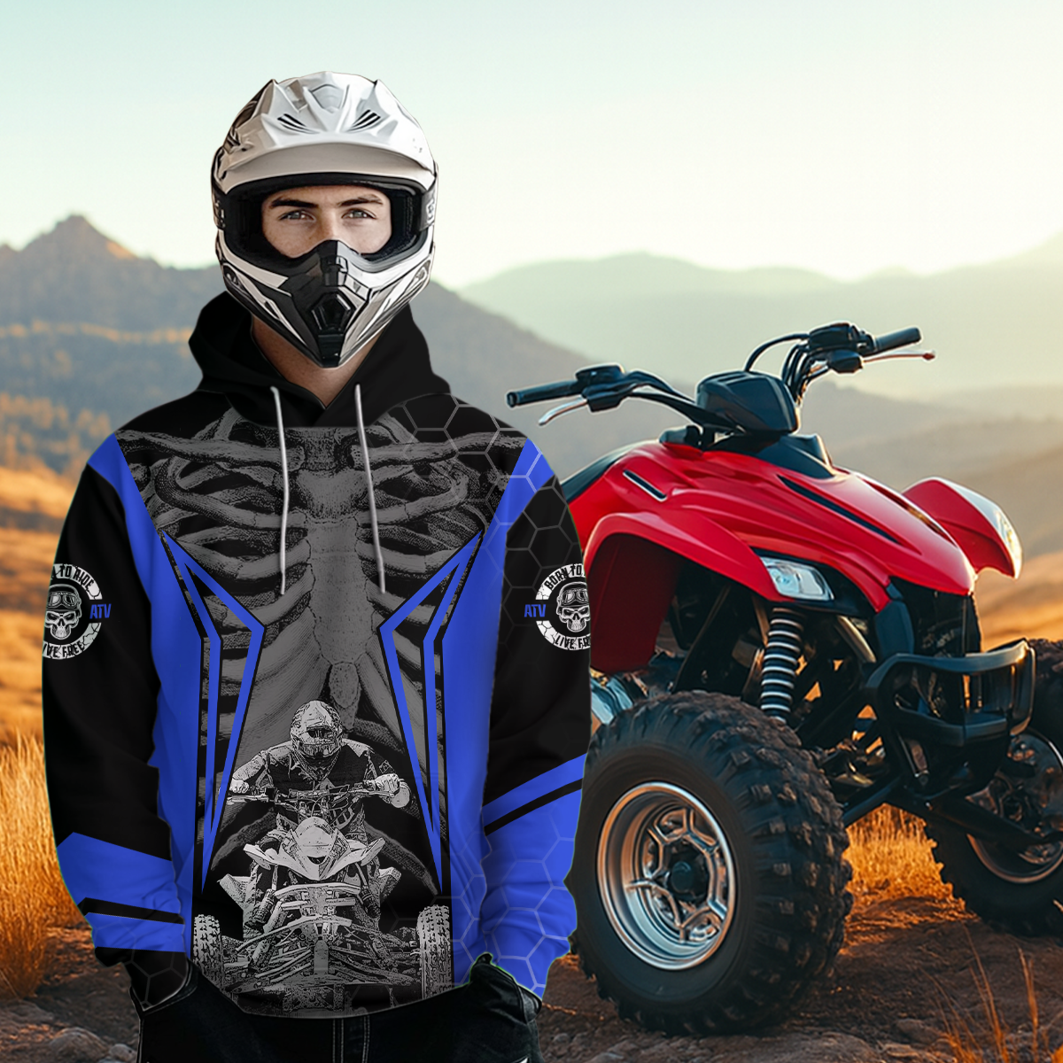 Personalized Blue Atv Racing Hoodie Custom Name & Number Quad Bike Rider Motocross Shirt For Men Women NHN002