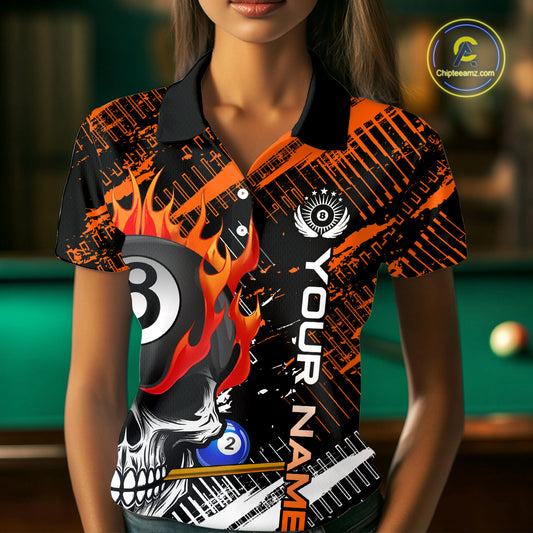Personalized Name Billiard Skull Flame Polo Shirts For Woman Custom Team Name Billiard Shirt Design YYD0015