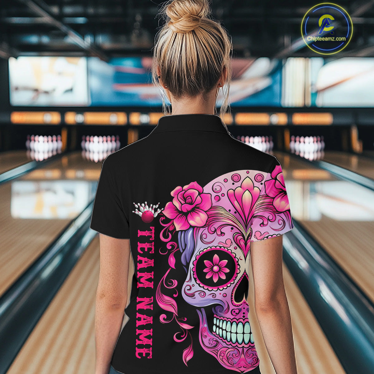 Pink Sugar Skull Tattoo Custom Women'S Bowling Quarter Zip Shirts, Halloween Bowling Shirts IPHW5243