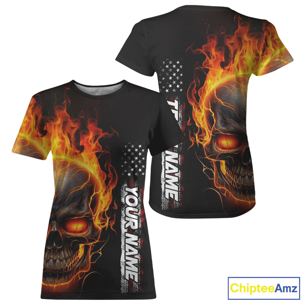 Flame Skull Custom Bowling Women T-Shirts Shirt, Patriotic Bowling Team Jersey Halloween Outfit IPHW5275