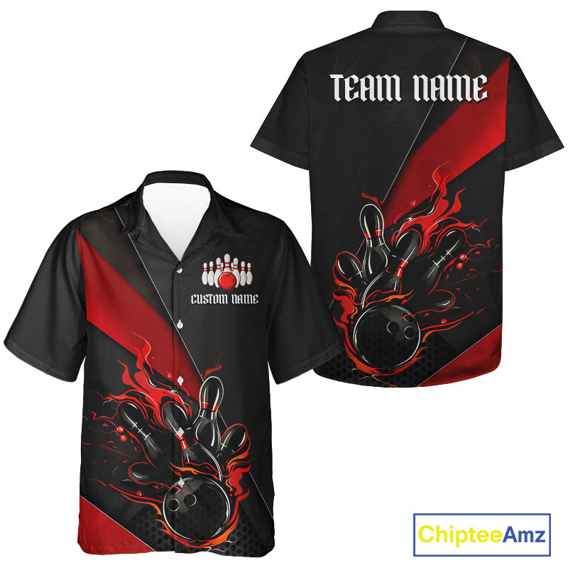Red And Black Custom Flame Bowling Hawaiian Shirts For Men, Bowling Team Shirts With Name IPHW6185