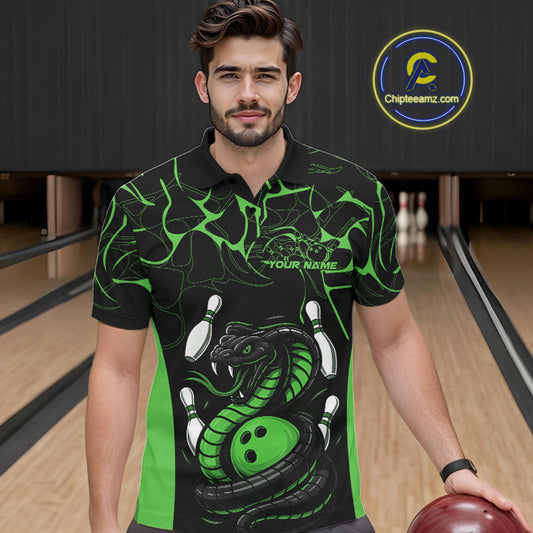 Custom Black And Green Cobra Snake Bowling Jerseys, Bowling Team Men Polo Shirts IPHW9039