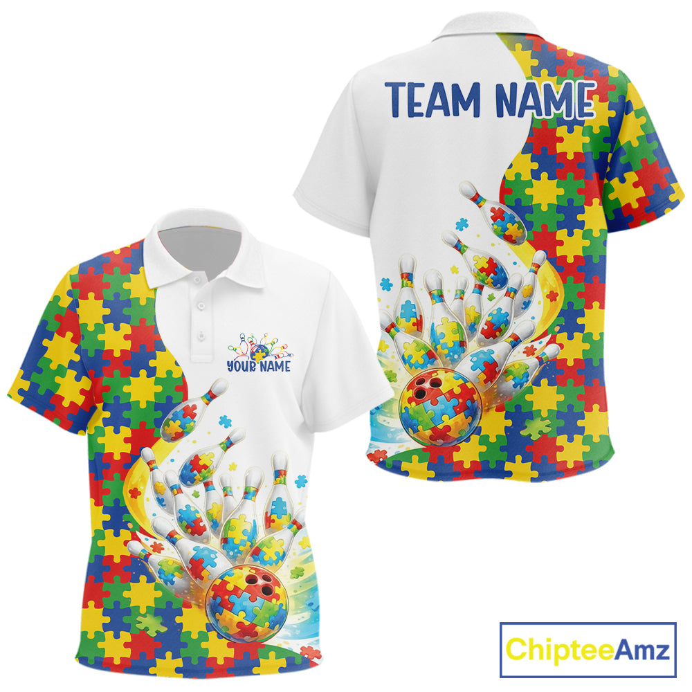 Kid polo shirt mockup front and back featuring colorful autism bowling strike design with puzzle graphics and vibrant tones