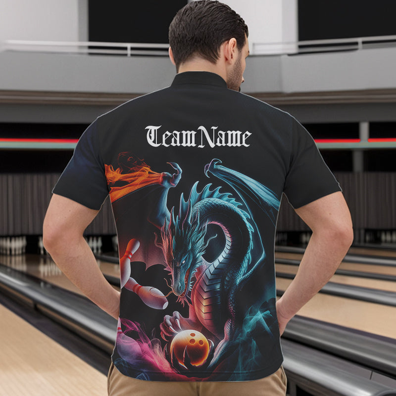 Blue Smoke Custom Dragon Bowling Team Quarter-Zip Shirts For Men, Dragon Bowling Tournament Shirt IPHW8323