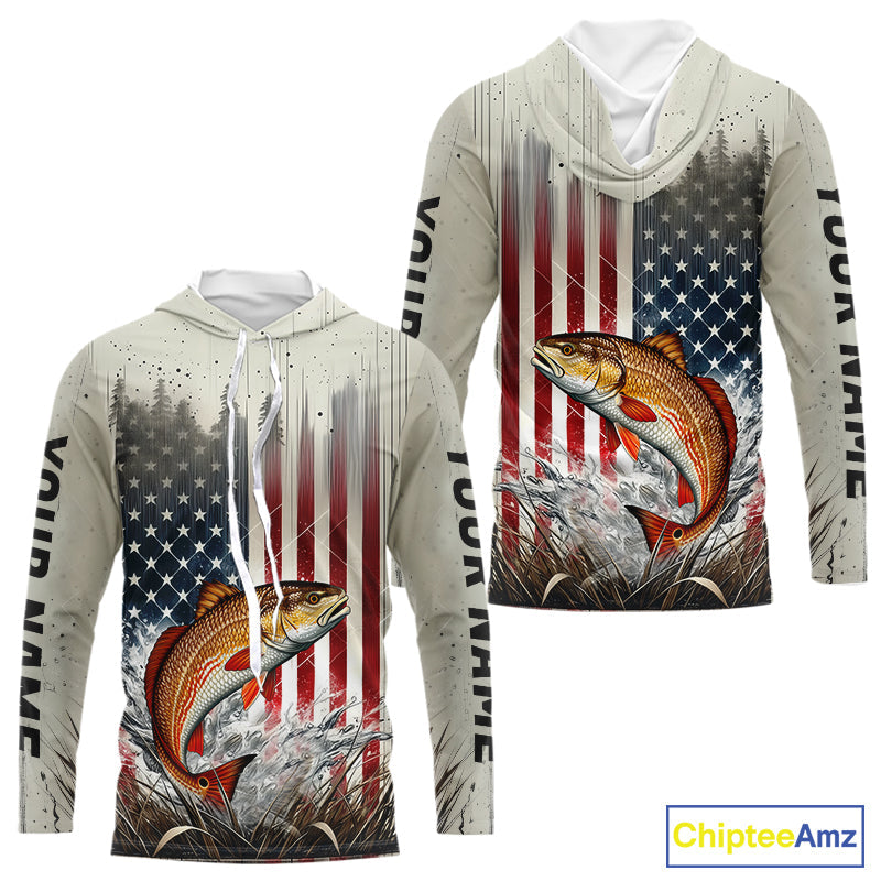 Custom Patriotic US Flag Redfish Puppy Drum Long Sleeve Hooded Fishing Shirts Fishing Jerseys IPHW9294