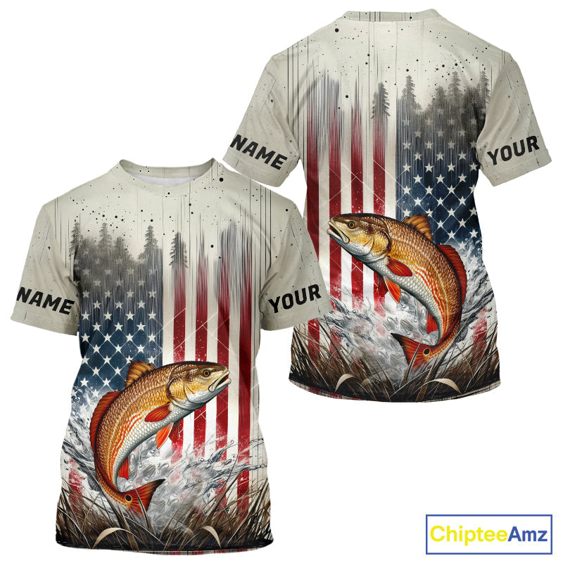 Custom Patriotic US Flag Redfish Puppy Drum Fishing T-Shirts, Redfish Fishing Jerseys IPHW9294