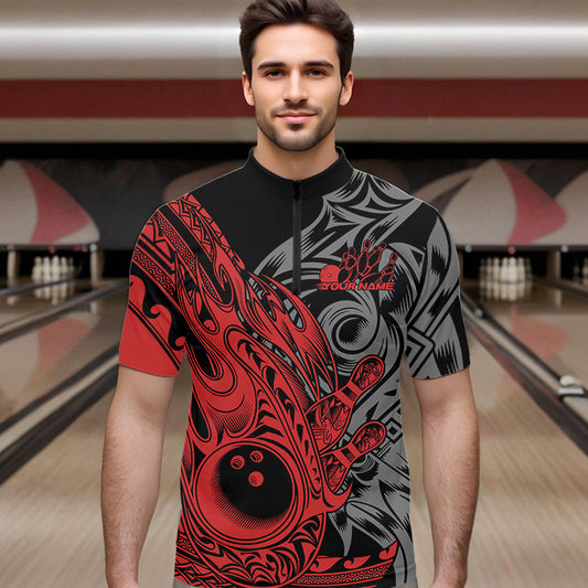 Custom Black And Red Flame Tribal Polynesian Bowling Men Quarter-Zip Shirts, Bowling Team Uniform IPHW8807