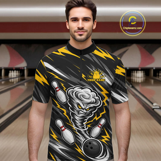Custom Black And Yellow Storm Thunnder Lightning Bolts Bowling Team Men Quarter Zip Shirt IPHW11805