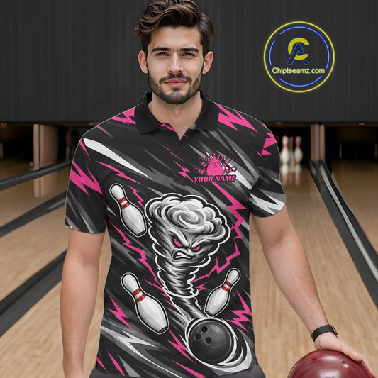 Custom Black And Pink Storm Thunnder Lightning Bolts Bowling Team Men Polo Shirt IPHW11808
