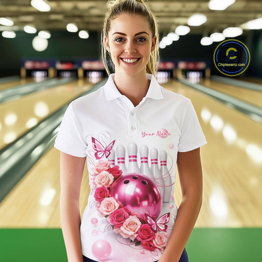 Custom Red And Pink Roses With Butterfly Bowling Polo Shirt For Women, Ladies Outfit IPHW10892