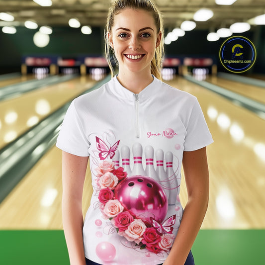 Custom Red And Pink Roses With Butterfly Bowling Women Quarter-Zip Shirt, Ladies Outfit IPHW10892