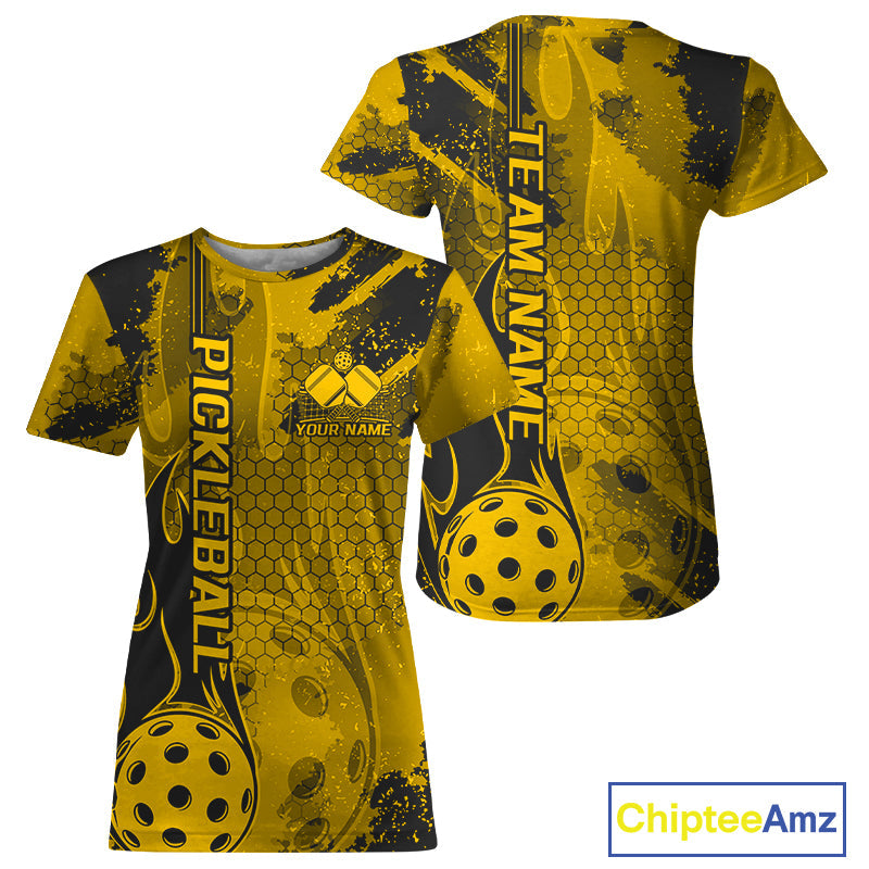 Black And Yellow Flame Custom Pickleball T-Shirts For Women, Team Pickleball Jerseys IPHW9300