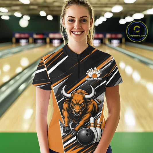Custom Black And Orange Bull Bowling Team Women Quarter-Zip Shirt, Bull Bowling Jerseys IPHW11817