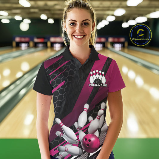 Custom Black And Pink Bowling Team Jerseys, Striking Bowling League Polo Shirt For Women IPHW9810